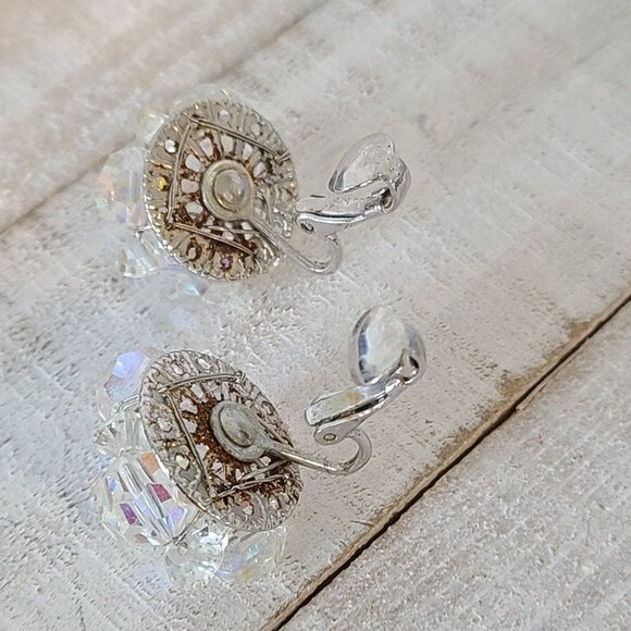 Vintage Coro Signed AB Cluster Earrings Clip On Crystal Silver Tone - Picture 6 of 8
